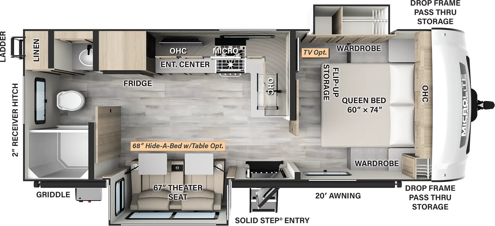 The 25FBDS has two slideouts and one entry. Exterior features front drop frame pass-thru storage, 19 foot awning, solid step entry, griddle, rear ladder, and 2 inch receiver hitch. Interior layout front to back: foot-facing queen bed with flip-up storage, overhead cabinet, door side wardrobe, and off-door side wardrobe slideout (TV optional); kitchen counter wraps from inner wall to off-door side with sink, overhead cabinet, microwave, cooktop, entertainment center and refrigerator; door side entry, and slideout with theater seating and tables (hide-a-bed with table optional); rear full bathroom with linen closet.